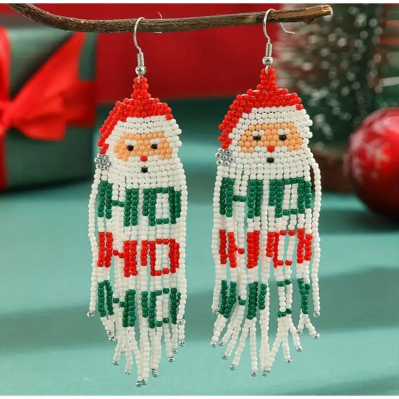 Santa HO HO HO Beaded Long Dangle Earrings - Picture 6 of 7